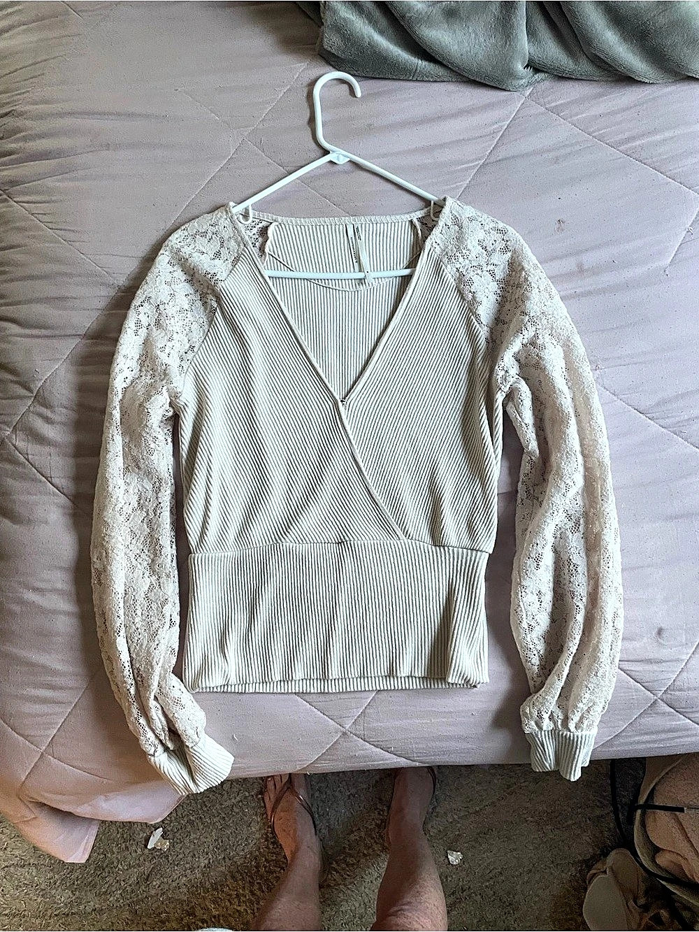 Anthropologie Ribbed Lace Sleeve Wrap V-Neck Top Cream Medium